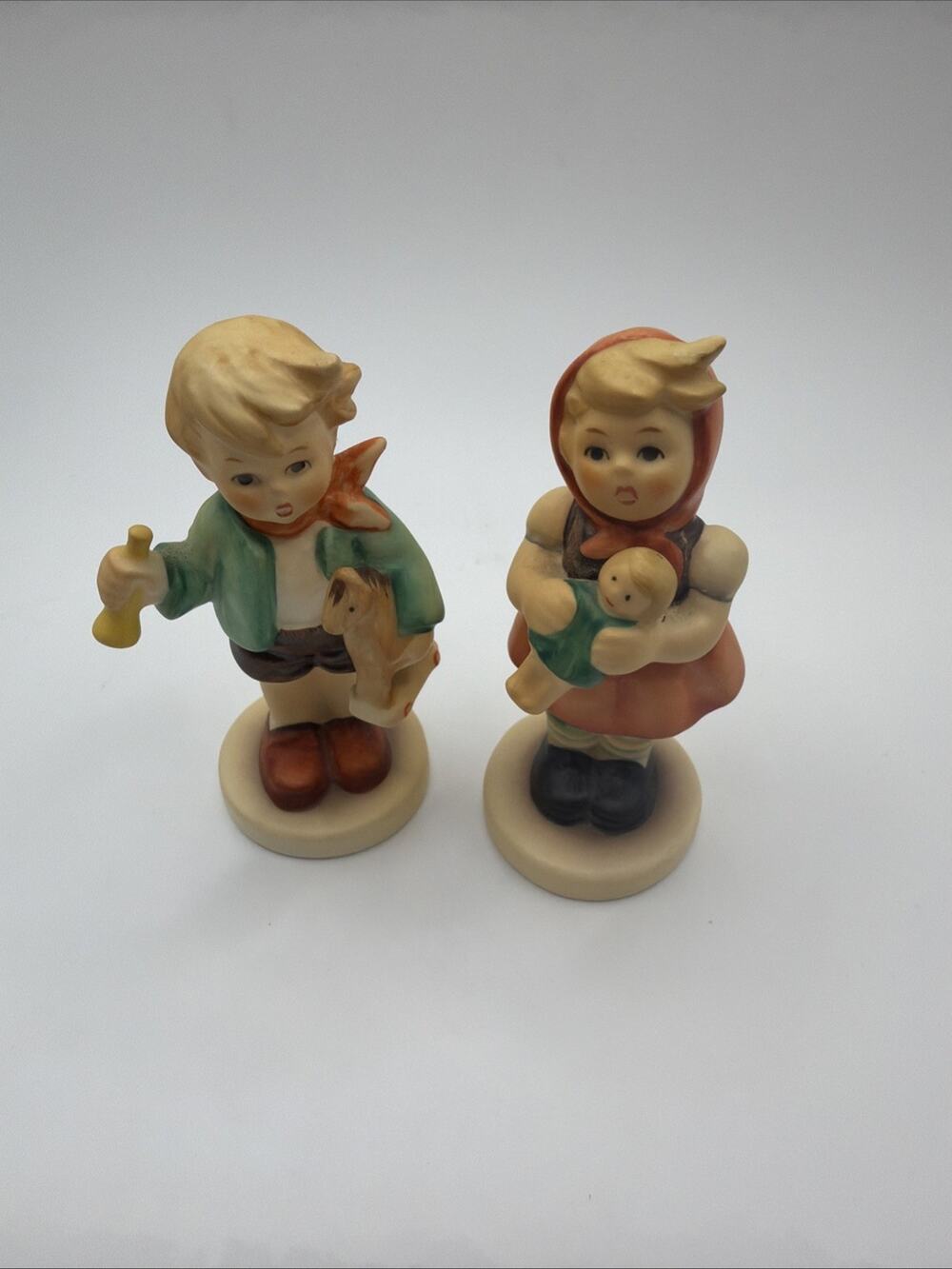 Goebel Hummel Figurine Girl With Doll 239/B 1967 Boy w Horse Toy 239/C1967 3.5"